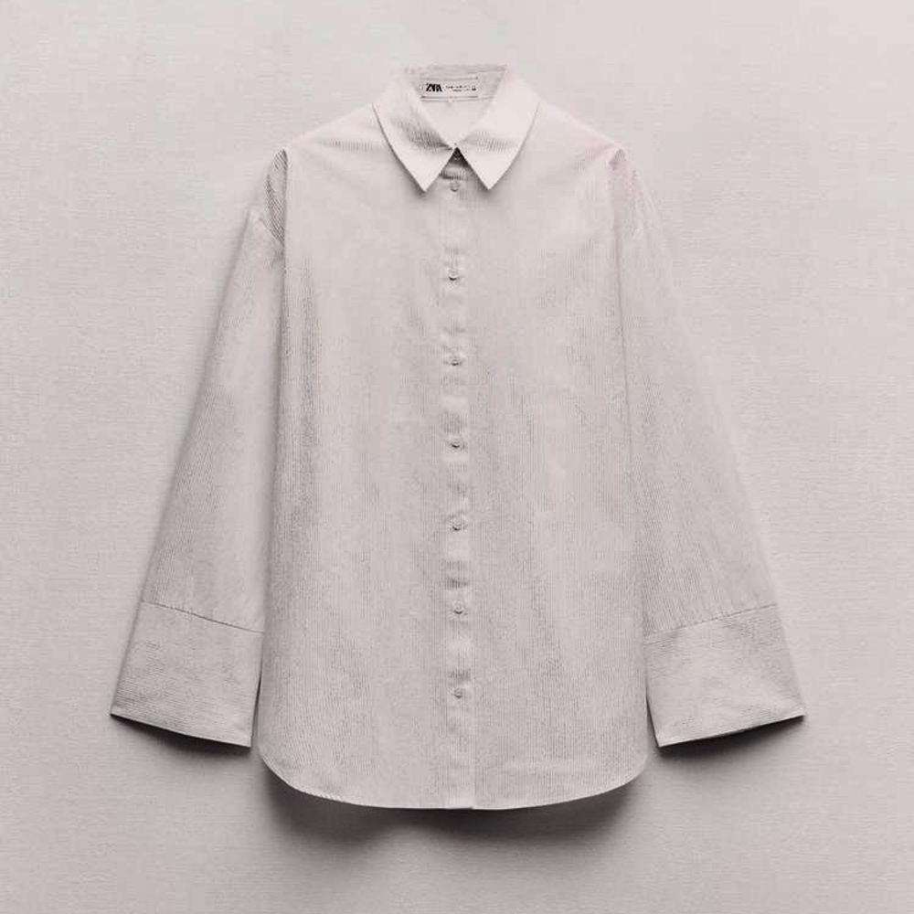 Zara NWT gold metallic thread white long sleeve button front top